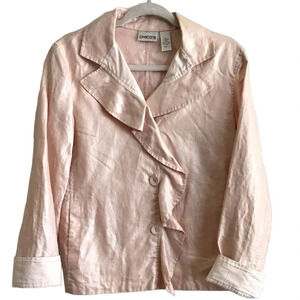 Chico's Womens size 1 US 8 M Soft Pink Button Down Ruffle Linen Jacket